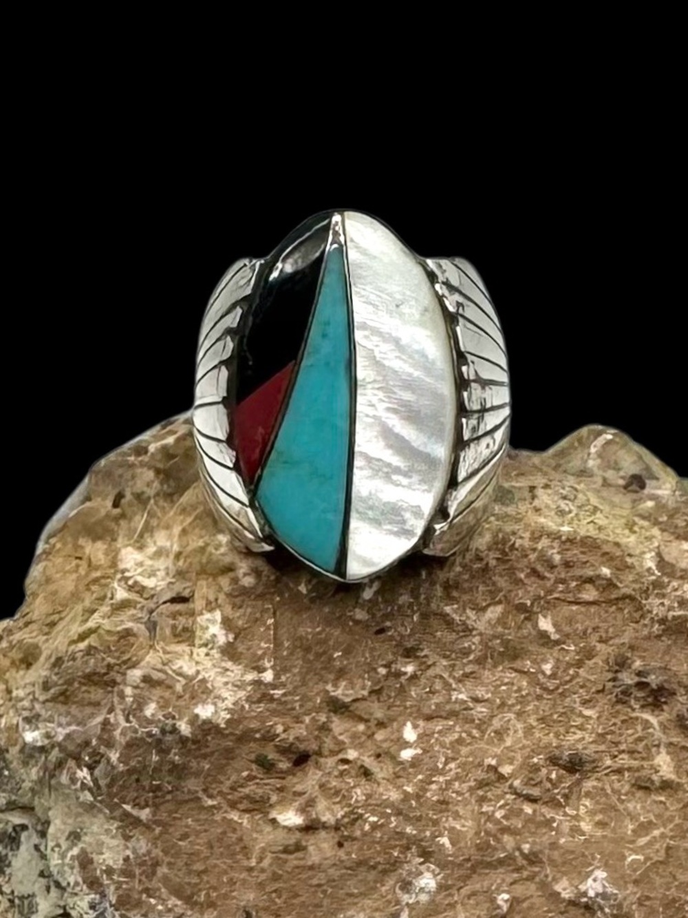 Native American Sterling Silver Turquoise Multi Stone Inlay Ring 7.75
